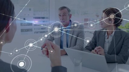 Wall Mural - Animation of network of connections over diverse business people using computer