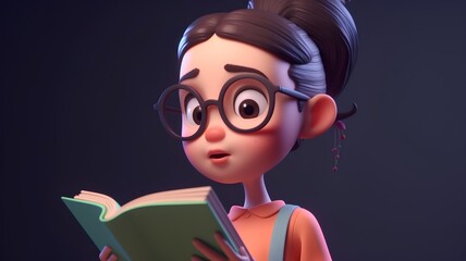 Wall Mural - 3d illustration of a girl with glasses reading a book on dark background