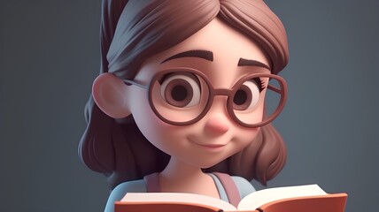 Wall Mural - Girl with glasses reading a book on a gray background. 3d rendering