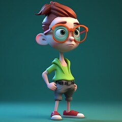 Wall Mural - Boy with glasses and green t-shirt, 3d render illustration