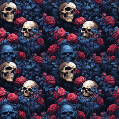 Wall Mural - seamless pattern with multicolored skulls in flowers on black background. festive rock texture for d