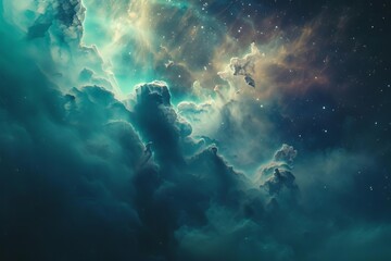 Wall Mural - nebula clouds in deep space with vibrant blue and green hues