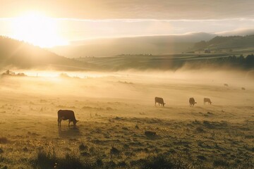 Wall Mural - Panoramic view of a pastoral scene with cows grazing in a misty meadow at sunrise Epitomizing peaceful countryside living