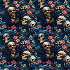 Wall Mural - seamless pattern with multicolored skulls in flowers on black background. festive rock texture for d