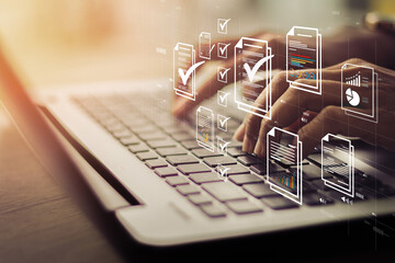 Document management concept, check electronic documents on digital documents on virtual screen Document Management System and process automation to efficiently document paperless operate 