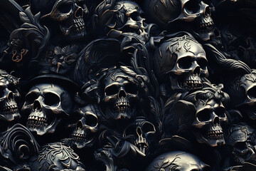Wall Mural - seamless pattern with skeleton skulls in the cemetery on black background. festive scary texture for