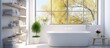 © Lasvu - A contemporary bathroom with a white bathtub featuring mosaic tiles, towels on a rack, and a window on a sunny day.