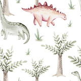 Fototapeta Dziecięca - Watercolor dinosaur seamless pattern. Hand painted cute dinosaurs, tropical palm tree, jungle leaves, mountains. Dino illustration for design, wallpaper, scrapbooking