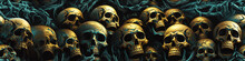 Seamless Pattern With Skeleton Skulls Death In Cemetery On A Dark Background. Festive Scary Texture For Decorating Textiles And Fabrics For Halloween And Dia De Muertos