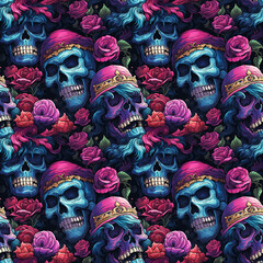 Wall Mural - bright seamless pattern with multicolored skulls in flowers on color background. festive rock textur