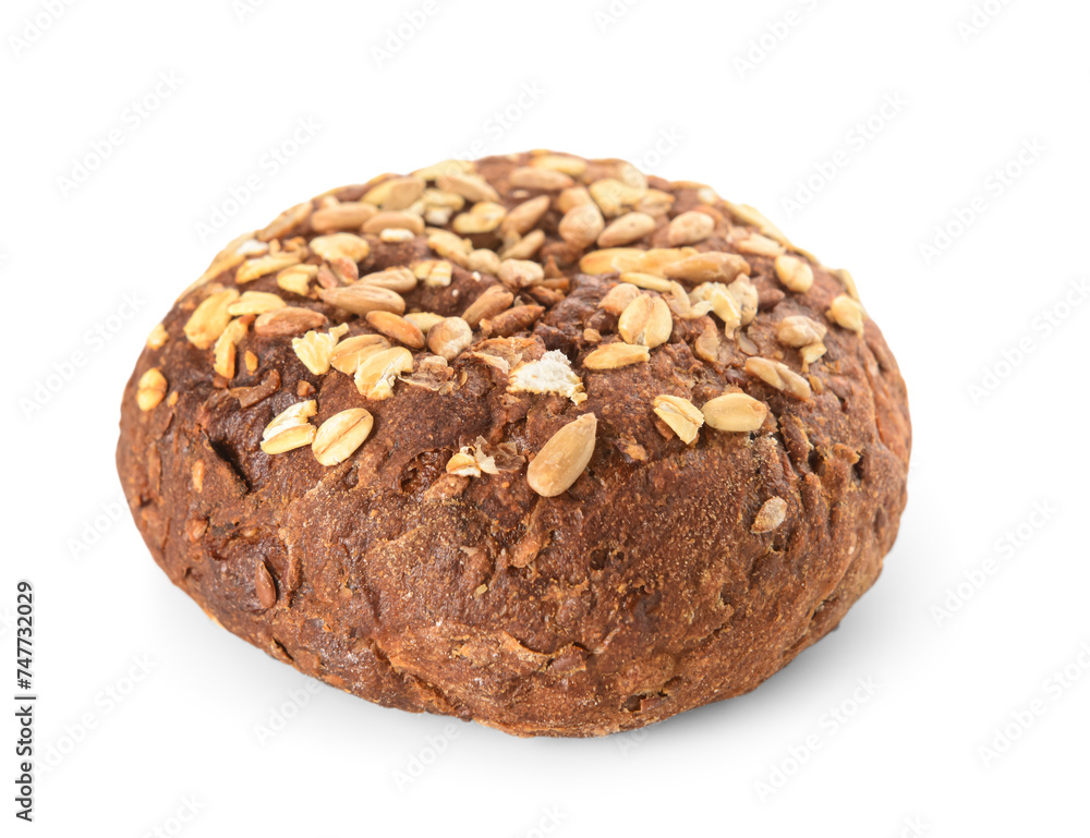 Fresh whole grain bun with seeds on white background