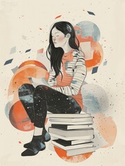 A woman is seated atop a stack of books, her posture relaxed as she looks ahead. The books beneath her vary in size, creating a stable foundation for her position.