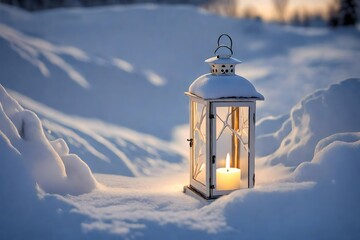 Poster - White christmas lantern with candle inside, on pure snow, in evening light