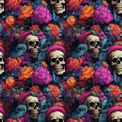 Wall Mural - bright seamless pattern with multicolored skulls in flowers on color background. festive rock textur