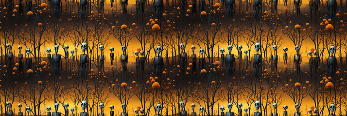 Wall Mural - seamless pattern with skeletons bone in cemetery on a black yellow background. festive banner for de