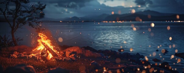 Wall Mural - Large burning bonfire with soft glowing flame and sparkles flying all around. Romantic summer evening, people relaxing and enjoying calmness at the seaside during the Night