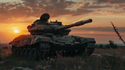 T-44-100 tank rides against the backdrop of sunset, side view