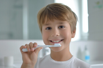 Wall Mural - a boy holding toothbrush and smiling with beautiful teeth bokeh style background