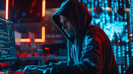 Concentrated Hacker with Hoodie in a Cyber Security Center