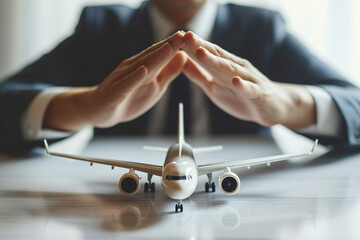 Canvas Print - businessman with plane model travel insurance symbol bokeh style background