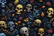 seamless pattern with multicolored skulls in flowers on dark background. Festive rock texture for decoration of textiles and fabrics for Halloween and Dia De Muertos