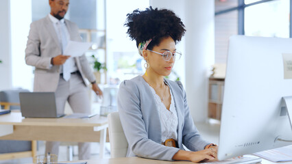 Fototapete - Business people, technology or typing on computer in modern office or professional for networking at work. Developer, man or woman on laptop or scroll or online research on design of company website