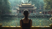 Woman Looking Over The Water In Chinese Temple