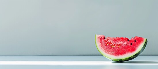 Poster - A vibrant slice of watermelon rests on top of a clean white table in a white studio setting. The juicy fruit contrasts beautifully against the bright background, making it a perfect image for food and