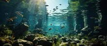 Landscape Underwater View Of School Fish Swimming In The Wild In Fresh Sea Water