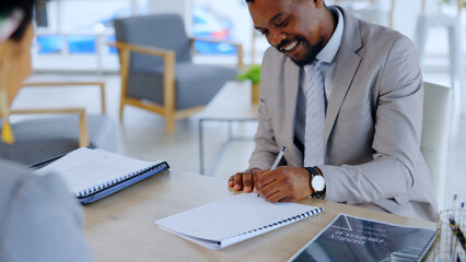 Canvas Print - Black man, writing and documents with contract for signature, deal or agreement on office desk. African businessman, employee or intern filling out form, application or paperwork in recruit or hiring