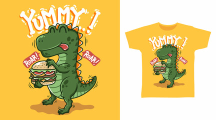 Wall Mural - Dinosaur with Burger t shirt art fashion designs.