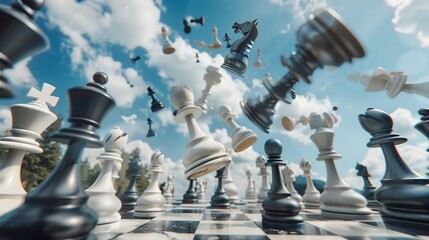 Chess figures battle: white vs. black, in the air above the chessboard with debris. Photorealistic. Unexpected camera angle.