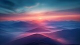 Fototapeta Na ścianę - Dawn's embrace over serene mountain range with sky awash in pink and blue hues.