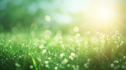 Wall Mural - A close-up of a green grass field bathed in spring sunlight with a bokeh background. Beautiful sunny spring meadow. Spring background. Copy space. Generative AI