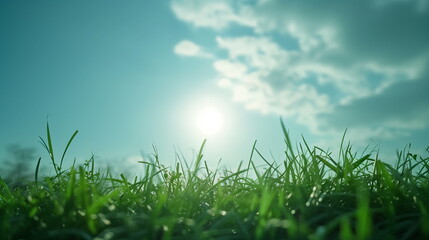 Wall Mural - A close-up of a grass field under a blue sky with the sun. Spring, summer background. blurred. Generative AI