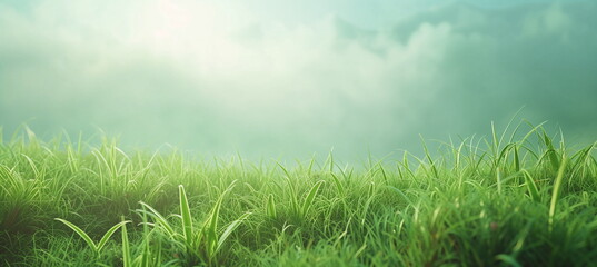 Wall Mural - This is a refreshing summer landscape with a close-up of a lawn shrouded in light fog in the early morning. Generative AI