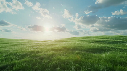 Wall Mural - Green hills covered with lush green grass under a blue sky full of clouds. Green meadows, fields. Summer or spring background. Generative AI