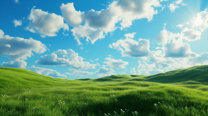 Wall Mural - Green hills covered with lush green grass under a blue sky full of clouds. Green meadows, fields. Summer or spring background. Generative AI