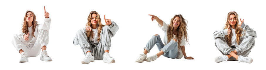 Set of Pretty cheerful happy young woman gesturing with pointing fingers and showing away, siting on the floor, Full body isolated on white background, png