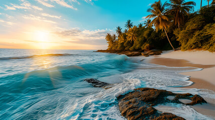 Wall Mural - tropical beach view at sunset or sunrise with white sand, turquoise water and palm trees