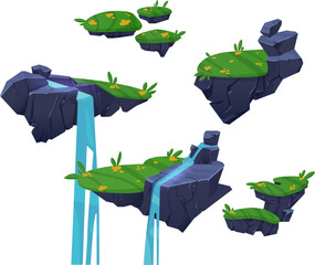 Wall Mural - game ui level map floating rocky land islands for jump with green grass, flowers and waterfall. cart