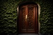 Luxurious, arched wooden doors featuring elaborate, handcrafted detailing, standing as an entrance to a grand manor with cascading vines nearby
