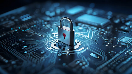 secure connection or cybersecurity service concept of compute motherboard closeup and safety lock with login and connecting verified credentials,isolated on blur background. 