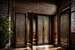 © Mehram - Luxurious, arched wooden doors featuring elaborate, handcrafted detailing, standing as an entrance to a grand manor with cascading vines nearby