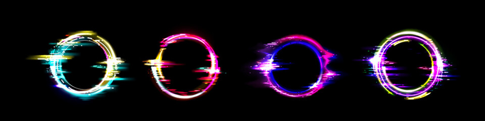 Wall Mural - neon circle frame with glitch effect. realistic vector illustration set of retro futuristic ring des
