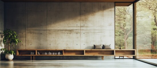 Wall Mural - A room featuring concrete walls with a wooden bench placed against one side. The space appears modern and minimalist, with natural light filtering in through a window.