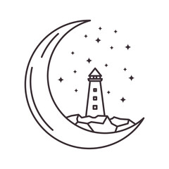 Poster - line art crescent lighthouse logo vector