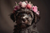 Fototapeta Tulipany - Portrait of a cute puppy with a wreath of pink flowers on his head