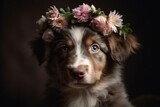 Fototapeta Tulipany - Portrait of a cute puppy with a wreath of pink flowers on his head