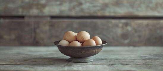 Poster - A close-up photo of a small bowl filled with eggs placed on a rustic wooden table. The eggs are neatly arranged in the bowl, their smooth shells reflecting the light.